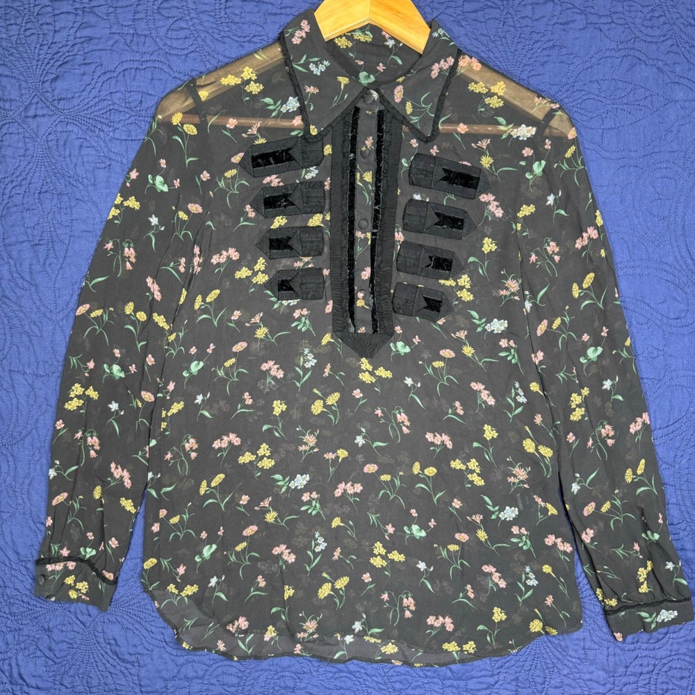 Coach Wildflower Floral‎ Sheer Blouse Black Velvet Trim Long Sleeve Top Size 0